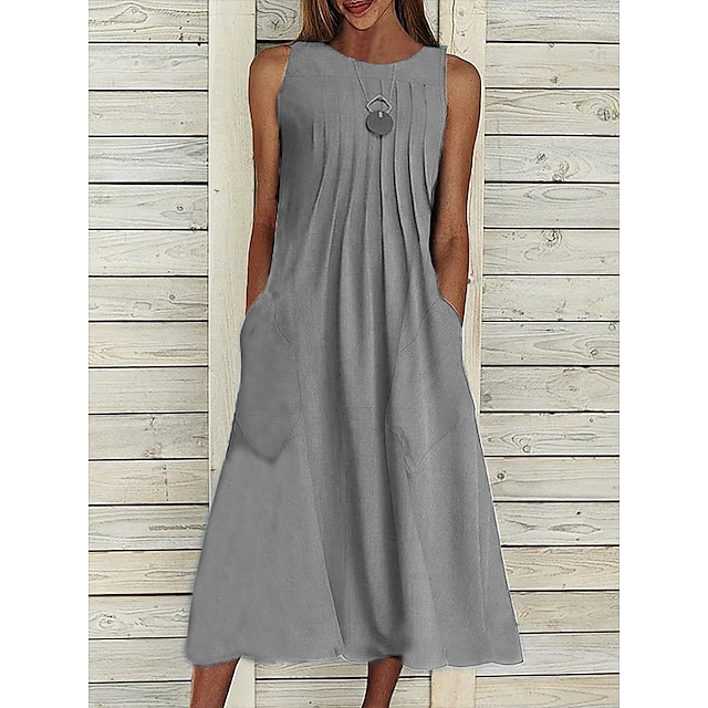  Women's Midi Dress A Line Dress Gray Sleeveless Ruched Cold Shoulder Solid Color Crew Neck Spring Summer Casual 2022 S M L XL XXL 3XL