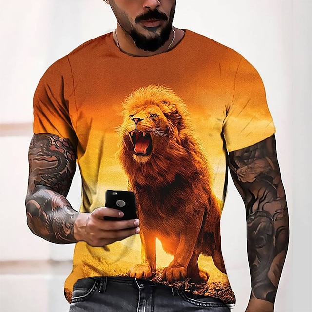  Herre T-shirt T-Shirts Rund hals Grafisk Orange 3D-udskrivning Kortærmet 3D-udskrivning Afslappet Daglig Toppe Mode Sej Designer Bekvem / Sommer / Sommer