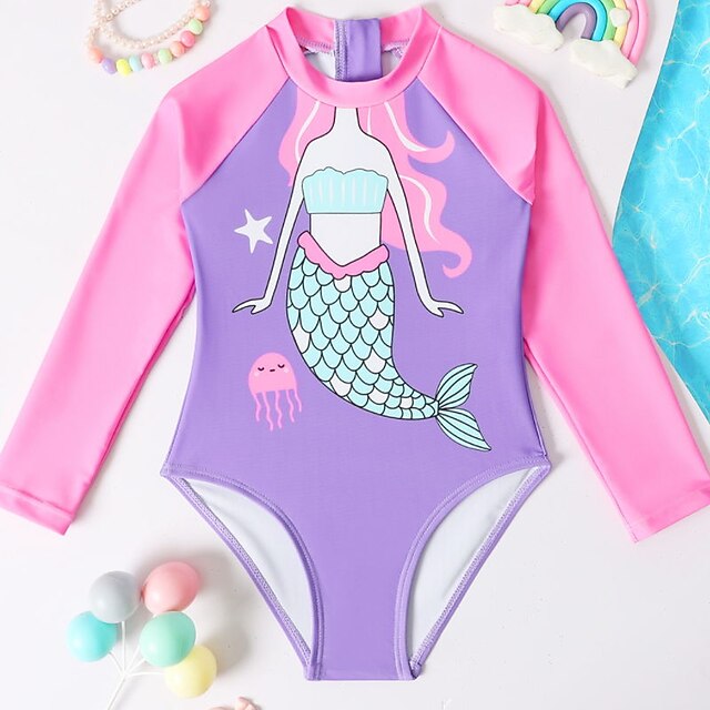  Kids Girls' One Piece Swimwear Swimsuit Print Swimwear Print Scales Purple Active Cute Outdoor Swimming Bathing Suits 1-5 Years / Spring / Summer