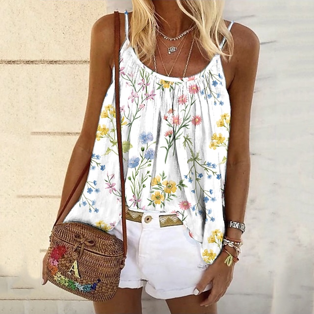  Women's Tank Top Camisole Summer Tops Camis Floral White Print Sleeveless Daily Holiday Weekend Streetwear Casual U Neck Regular Fit