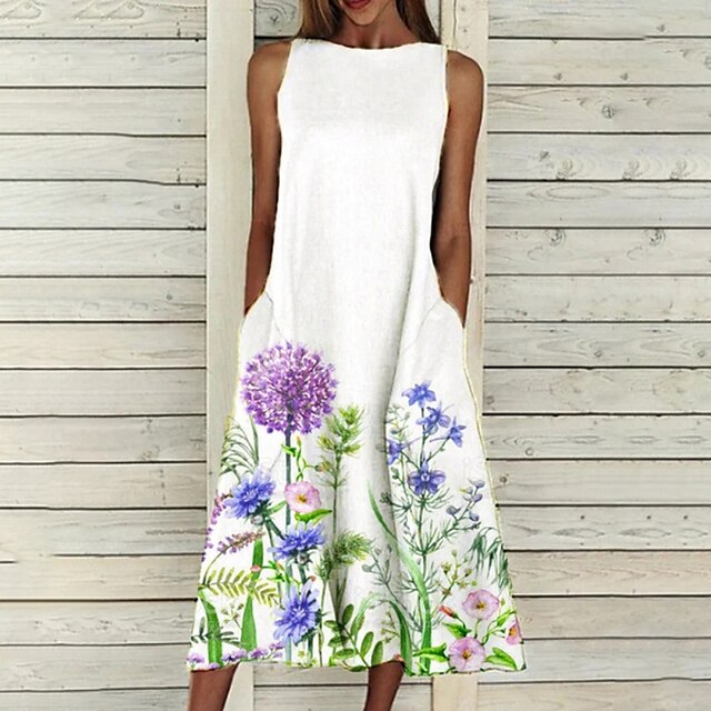  Women's Midi Dress A Line Dress White Blue Purple Sleeveless Pocket Print Floral Round Neck Spring Summer Casual 2022 Loose S M L XL XXL 3XL 4XL 5XL