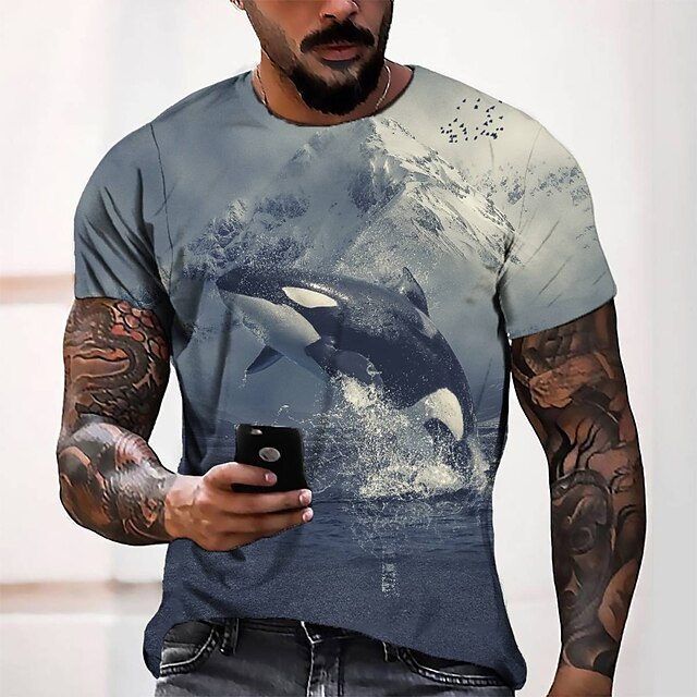  Men's T shirt Tee Tee Round Neck Graphic Gray 3D Print Short Sleeve 3D Print Casual Daily Tops Fashion Cool Designer Comfortable / Summer / Summer