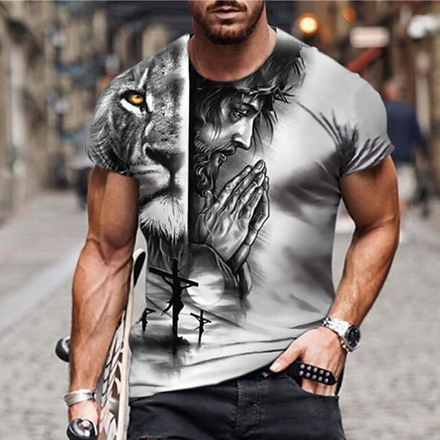  Men's Unisex T shirt Tee Graphic Prints Tiger Human 3D Print Crew Neck Street Daily Short Sleeve Print Tops Casual Designer Big and Tall Sports Gray / Summer