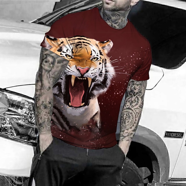  Hombre Unisexo Camiseta Estampados Tigre Animal Impresión 3D Cuello Barco Calle Diario Manga Corta Estampado Tops Casual De Diseño Grande y alto Deportes Rojo / Verano
