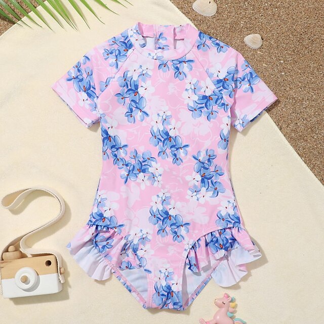  Kids Girls' One Piece Swimwear Swimsuit Mesh Print Swimwear Short Sleeves Floral Print Pink Active Cute Outdoor Swimming Bathing Suits 1-5 Years / Spring / Summer