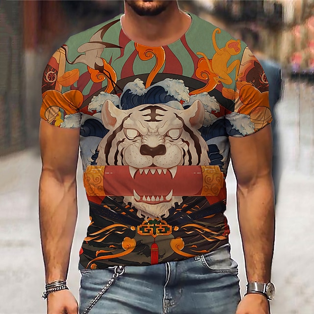  Herre Unisex T-shirt Grafiske tryk Tiger 3D-udskrivning Rund hals Gade Daglig Kortærmet Trykt mønster Toppe Afslappet Designer Stor og høj Sport Orange / Sommer