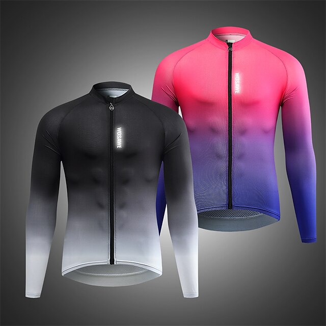  WOSAWE Men's Cycling Jersey Long Sleeve Bike Jersey Top with 3 Rear Pockets Breathable Quick Dry Reflective Strips Road Bike Cycling Black White Red Blue Polyester Gradient Sports Clothing Apparel