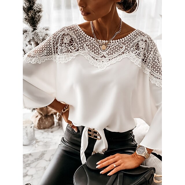  Women's Shirt Blouse White Eyelet Tops Plain Black White Lace up Lace Patchwork Long Sleeve Daily Weekend Streetwear Casual Round Neck Loose Fit Batwing Sleeve Spring Fall