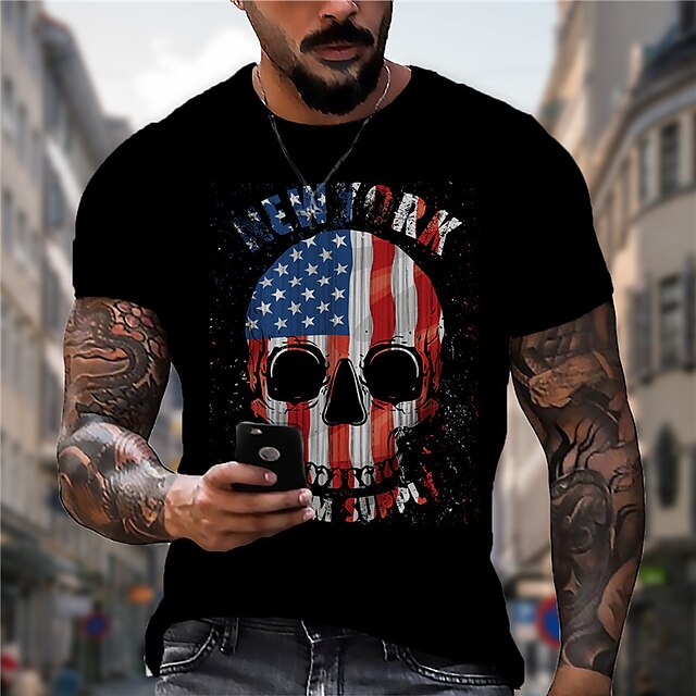  Men's Unisex T shirt Tee Graphic Prints Skull National Flag 3D Print Crew Neck Street Daily Short Sleeve Print Tops Casual Vintage Designer Big and Tall Black / Summer