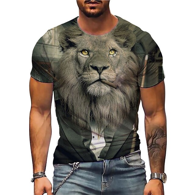  Men's Unisex T shirt Tee Graphic Prints Lion Animal 3D Print Crew Neck Street Daily Short Sleeve Print Tops Casual Designer Big and Tall Sports Gray Brown / Summer