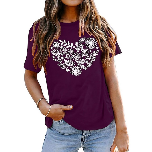  Women's T shirt Tee Cotton 100% Cotton Heart Floral Graphic Home Daily Date T-shirt Sleeve pea green Black White Print Basic Short Sleeve Basic Round Neck Regular Fit Summer