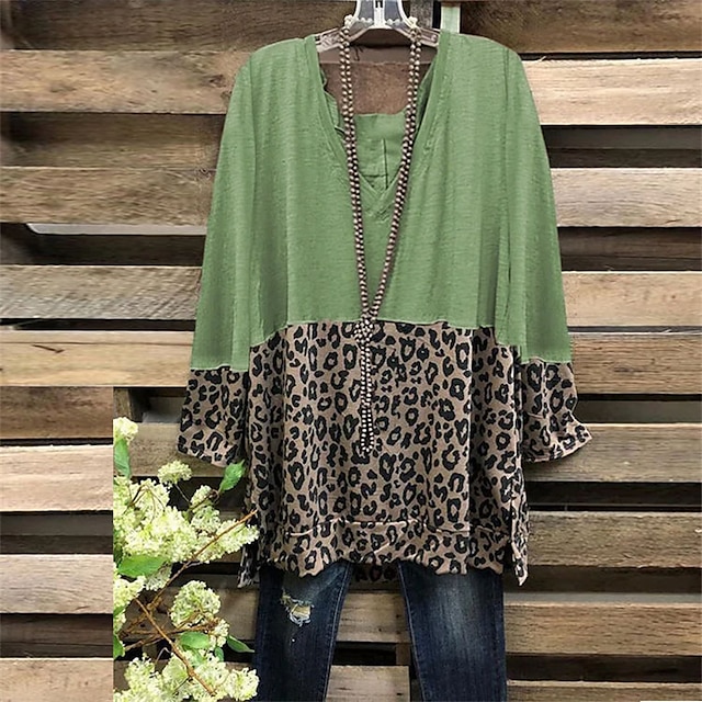  Women's Plus Size Tops T shirt Tee Leopard Long Sleeve Patchwork Print Streetwear V Neck Polyester Daily Vacation Fall Winter Green Coffee