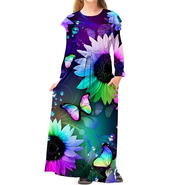  Kids Little Girls' Dress Floral Butterfly Animal Daily Holiday Vacation A Line Dress Print Black Maxi Long Sleeve Casual Cute Sweet Dresses Spring Summer Regular Fit 3-10 Years