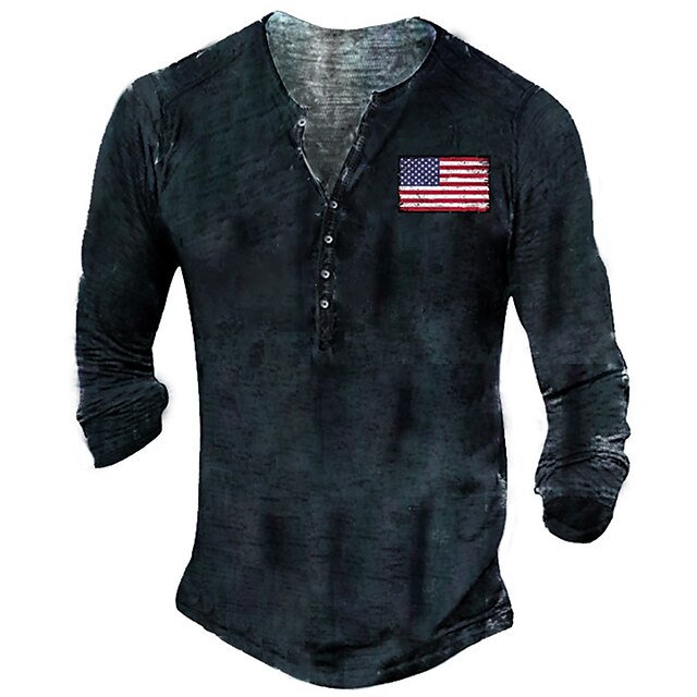  Hombre Henley Shirt Camiseta Graphic Bandera Impresión 3D Henley Calle Casual Manga Larga Abotonar Estampado Tops Básico Moda Clásico Cómodo Negro / Deportes