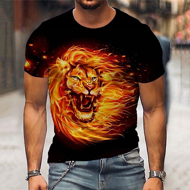  Men's Unisex T shirt Tee Crew Neck Lion Graphic Prints Flame Black 3D Print Short Sleeve Print Outdoor Street Tops Sports Designer Casual Big and Tall / Summer / Summer