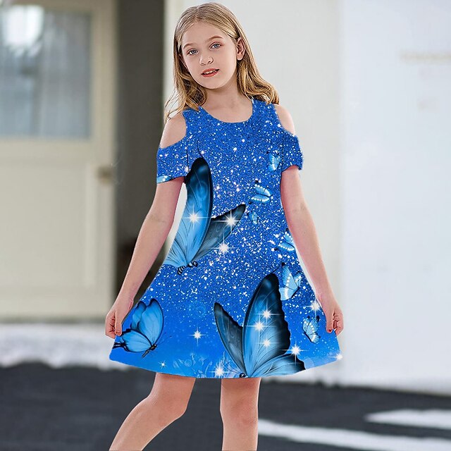  Kids Little Girls' Dress Butterfly Animal Daily Holiday Vacation A Line Dress Print Blue Above Knee Short Sleeve Casual Cute Sweet Dresses Spring Summer Regular Fit 3-12 Years