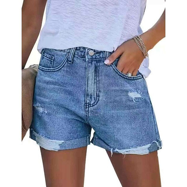 Mulheres Jeans Calças Denim Moda Cintura Média Com Corte Final de semana Curto Micro-Elástica Côr Sólida Conforto Azul S / Calção