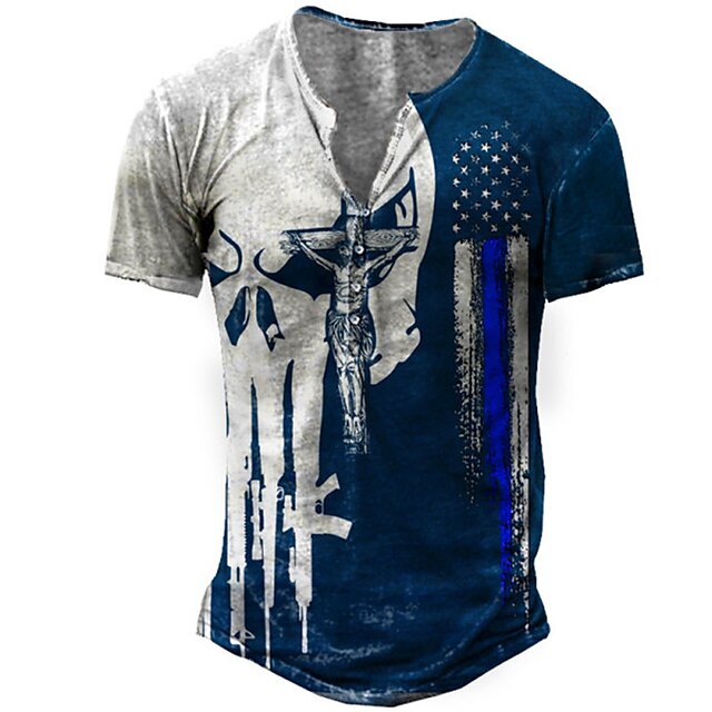  Men's Henley Shirt T shirt Tee Graphic National Flag 3D Print Henley Street Casual Short Sleeve Button-Down Print Tops Basic Fashion Classic Comfortable Blue / Sports / Summer