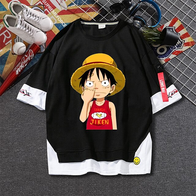  Inspirado por One Piece Monkey D. Luffy 100% Poliéster Japonesa/Curta Desenho duas peças falsas Harajuku Estilo de rua Anime Camiseta Para Homens / Mulheres / Casal