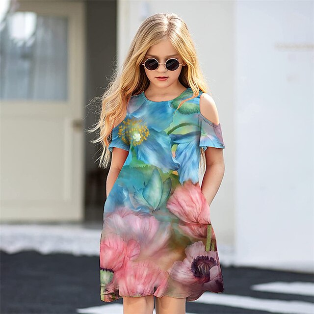  Kids Little Girls' Dress Floral Daily Holiday Vacation A Line Dress Print Blue Above Knee Short Sleeve Casual Cute Sweet Dresses Spring Summer Regular Fit 3-12 Years