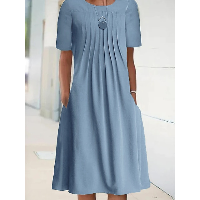  Women's Casual Dress Shift Dress Midi Dress Blue Green Pure Color Short Sleeve Summer Spring Ruched Fashion Crew Neck Loose Fit Vacation 2023 S M L XL XXL 3XL 4XL 5XL