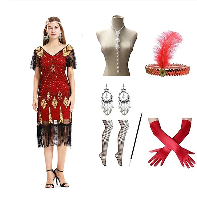  The Great Gatsby Roaring 20s 1920s Cocktail Dress Vintage Dress Flapper Dress Outfits Masquerade Prom Dress Women's Tassel Fringe Costume Vintage Cosplay Party Prom Dress Carnival / Gloves / Headwear