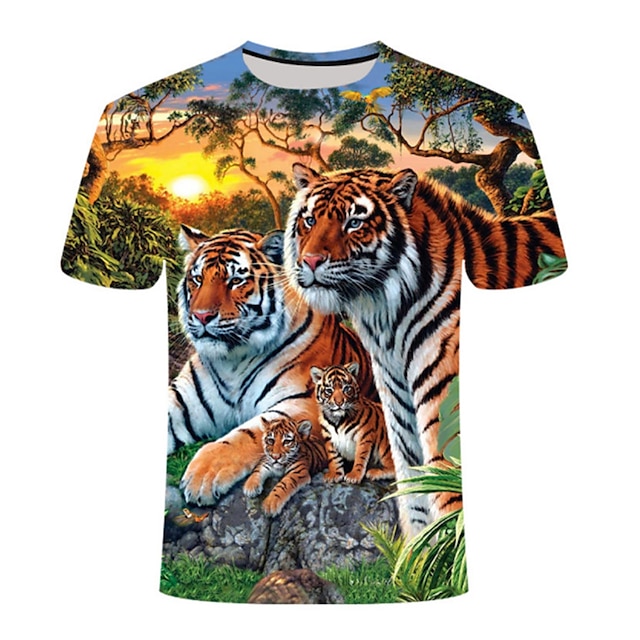  Gutt 3D Dyr Tiger T skjorte Kortermet 3D-utskrift Sommer Vår Aktiv Sport Mote Polyester Barn 3-12 år utendørs Daglig Normal