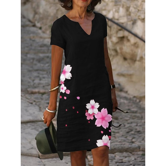  Mujer Vestido hasta la Rodilla Vestido de una línea Negro Manga Corta Estampado Floral Escote en Pico Primavera Verano Personalizado Lino S M L XL XXL 3XL / Impresión 3D