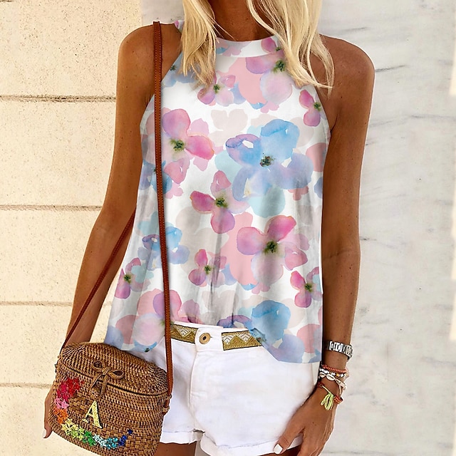  Women's Tank Top Floral Daily Holiday Weekend Floral Sleeveless Tank Top Vest Round Neck Print Casual Streetwear Green Blue Pink S / 3D Print
