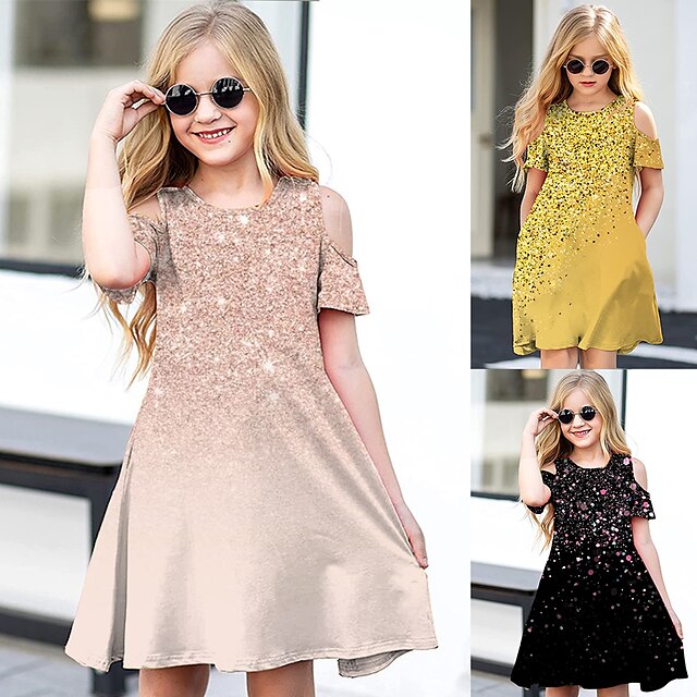  Kids Little Girls' Dress Graphic Daily Holiday Vacation A Line Dress Print Black Pink Yellow Above Knee Short Sleeve Casual Cute Sweet Dresses Spring Summer Regular Fit 3-12 Years