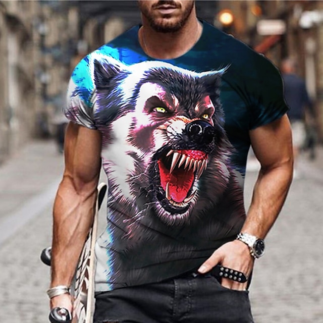  Men's Unisex T shirt Tee Crew Neck Animal Wolf Graphic Prints Blue 3D Print Short Sleeve Print Outdoor Street Tops Sports Designer Casual Big and Tall / Summer / Summer