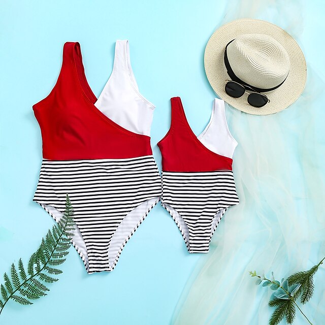  Mommy and Me Swimsuit Causal Striped Color Block Print Colorblock Sleeveless Vacation Matching Outfits / Summer