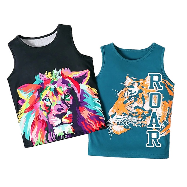  Kids Boys Tank Sleeveless Crewneck Tiger Animal Black Blue Children Tops Active Fashion Daily Spring Summer Daily Outdoor Regular Fit 3-12 Years / Sports
