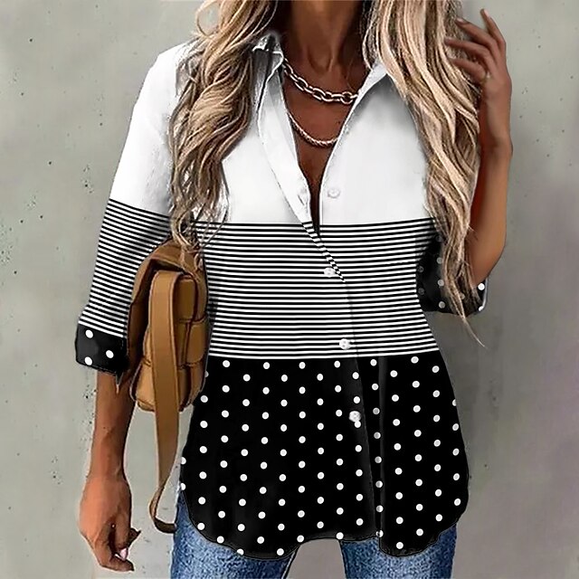  Women's Shirt Blouse White Red Blue Polka Dot Color Block Striped Button Print Long Sleeve Daily Weekend Streetwear Casual Shirt Collar Regular Fit Spring Fall