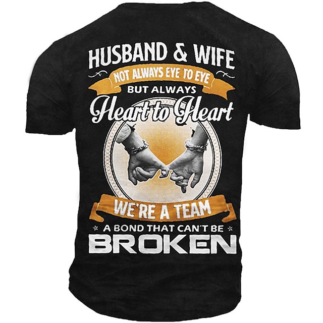  Valentines Day Mens Graphic Shirt Unisex Tee Letter Prints Hand Crew Neck Army Green Dark Gray Navy Blue Black 3D Family Outdoor Street Short Sleeve Husband Wife Not Always Eye To But Heart We 'Re Tea
