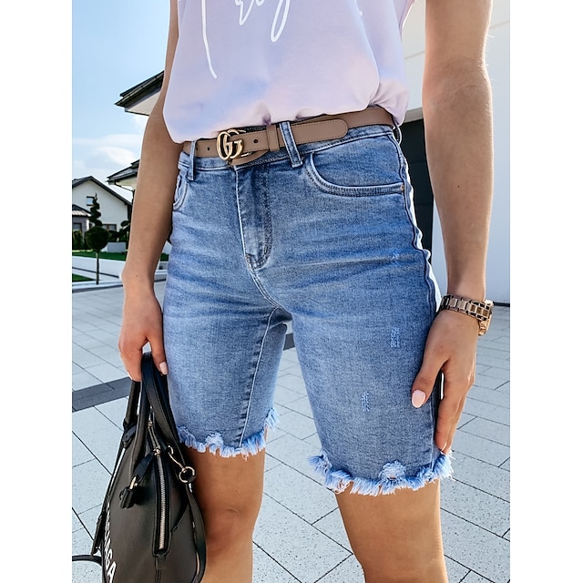  Mulheres Jeans Normal Denim Tecido Azul Moda Cintura Média Comprimento do joelho Casual Final de semana Verão Primavera & Outono