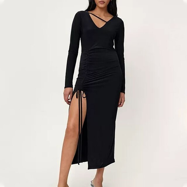  Women's Midi Dress Bodycon Black Long Sleeve Split Patchwork Pure Color V Neck Fall Winter Party Elegant Casual 2022 Slim S M L XL