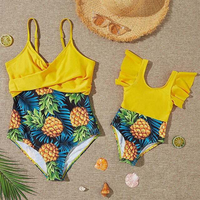  Mommy and Me Swimsuit Causal Leaf Pineapple Fruit Patchwork Yellow Sleeveless Vacation Matching Outfits / Summer / Print