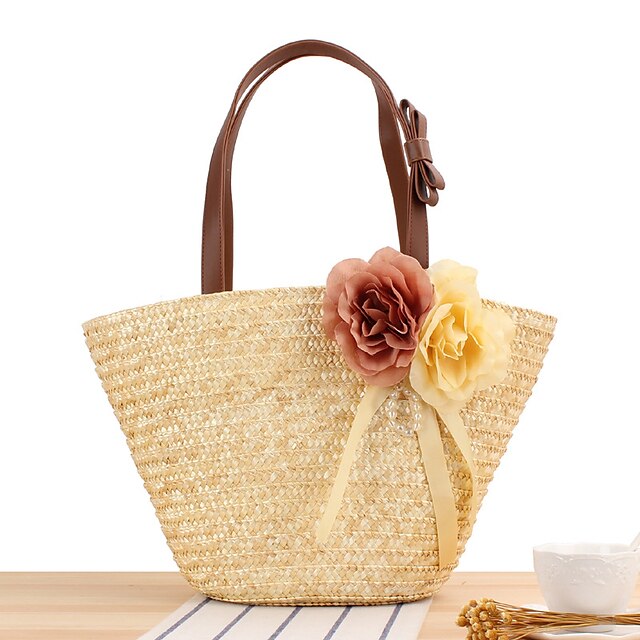  Women's Sling Bags Polyester Cotton Top Handle Bag Straw Bag Shoulder Bag Zipper Daily Going out Solid Color Camel