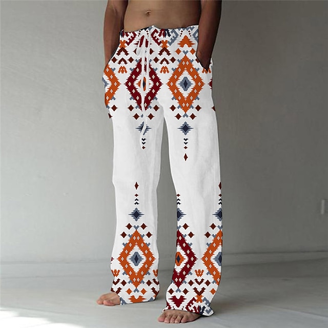  Men's Designer Fashion 3D Print Elastic Drawstring Design Front Pocket Straight Trousers Pants Casual Daily Geometric Graphic Prints Mid Waist Comfort Soft White S M L XL XXL / Beach