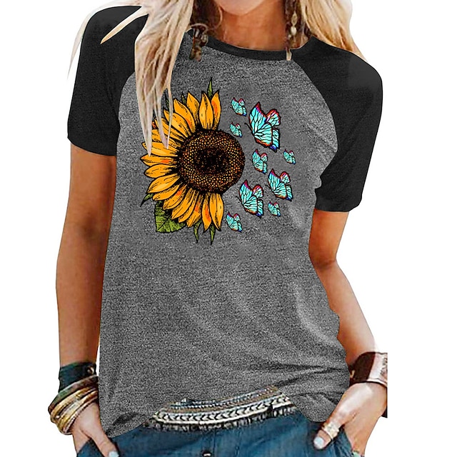  Women's T shirt Dress Graphic Patterned Butterfly Sunflower Casual Daily Holiday Butterfly Short Sleeve T shirt Dress Round Neck Print Basic Essential Green Blue Light gray S