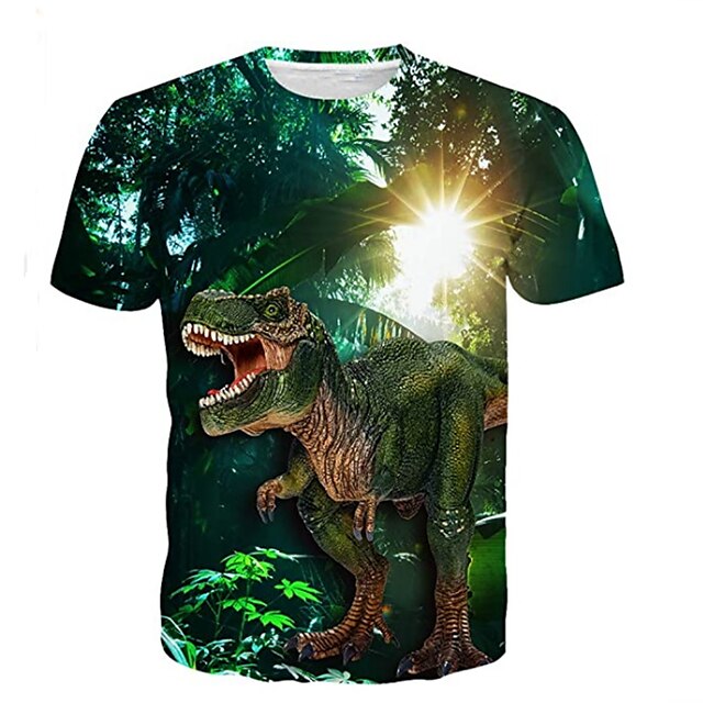  T-shirt Garçon Enfants Manches Courtes Dinosaure 3D effet Animal Imprimé Vert-de-gris Enfants Hauts Eté Actif Usage quotidien Standard 4-12 ans