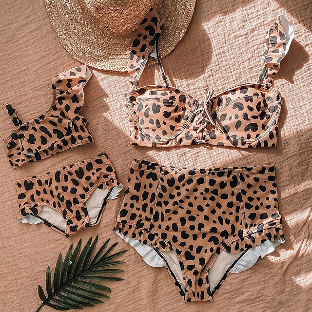  Mommy and Me Swimsuit Causal Leopard Lace up Brown Sleeveless Elegant Matching Outfits / Summer / Ruffle / Print