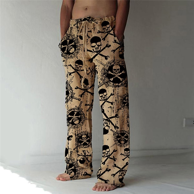  Men's Designer Fashion 3D Print Elastic Drawstring Design Front Pocket Straight Trousers Pants Casual Daily Graphic Prints Skull Mid Waist Comfort Soft Brown S M L XL XXL / Beach