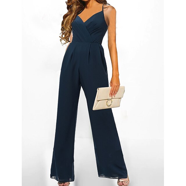  Women's Jumpsuit Solid Color Elegant V Neck Straight Daily Vacation Sleeveless Regular Fit Navy Blue S M L Spring