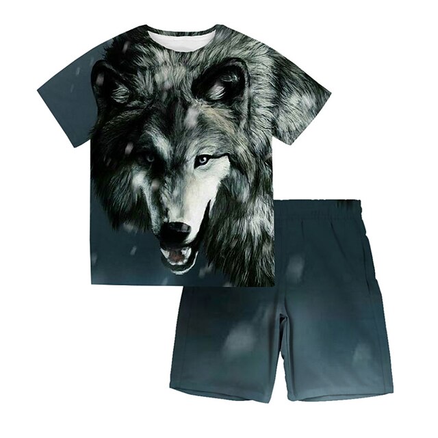  Kids Boys T-shirt & Shorts Clothing Set Short Sleeve 2 Pieces Blue Crewneck Print Wolf Animal Street Sports Vacation Fashion Comfort Cool Daily 3-13 Years / Spring / Summer