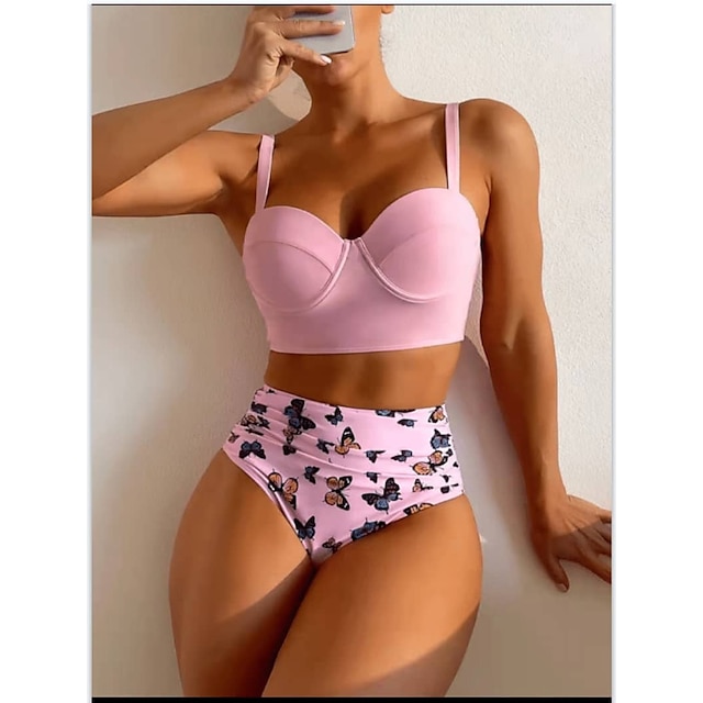  Dame Badetøj Bikini 2 stk Normal badedragt Vanlig Flerfarvet Tynd Lys pink Med stropper Camisole Badedragter Ferie Mode nyt