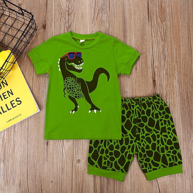  Børn Drenge T-shirt & Shorts Tøjsæt Kortærmet 2 Dele Grøn Dinosaurus Trykt mønster Trykt mønster Normal Aktiv 2-8 år / Sommer