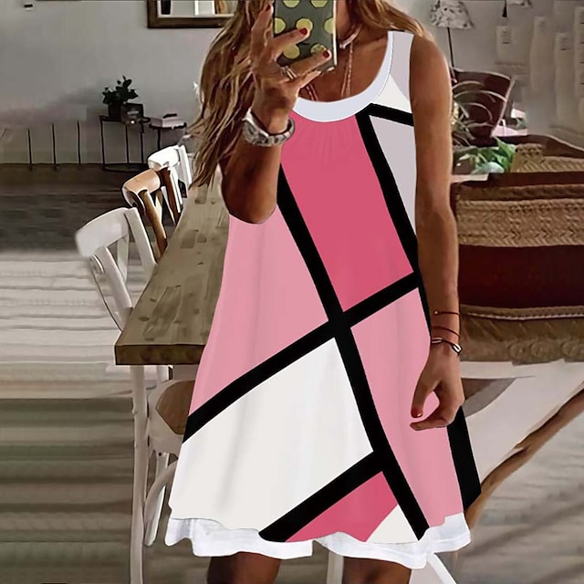  Damen Übergröße Farbblock A Linie Kleid Bedruckt Rundhalsausschnitt Ärmellos Alltag Frühling Sommer Täglich Urlaub Minikleid Kleid