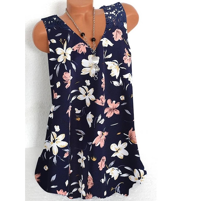  Women's Tank Top Floral Daily Holiday Weekend Floral Sleeveless Tank Top Camis V Neck Print Casual Streetwear Navy Blue S / 3D Print